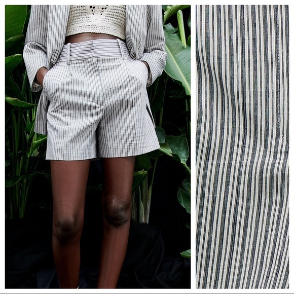 NWT. Zara Rustic Striped Pleated High Waist Shorts. Size S. - Picture 1 of 11